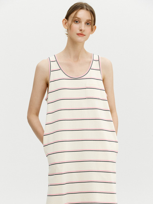 ARANZADA Stripe sleeveless long one piece (Natural&Pink)