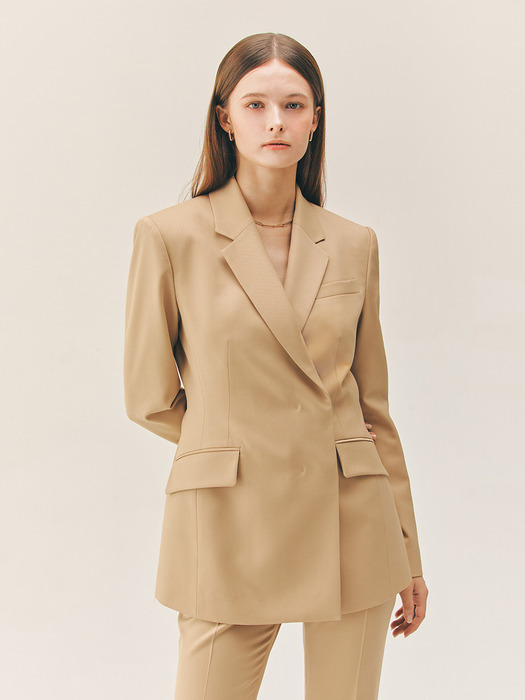 [SET]TRINITY Double breasted tailored blazer + VASHTI Bootcut trousers (Camel beige)