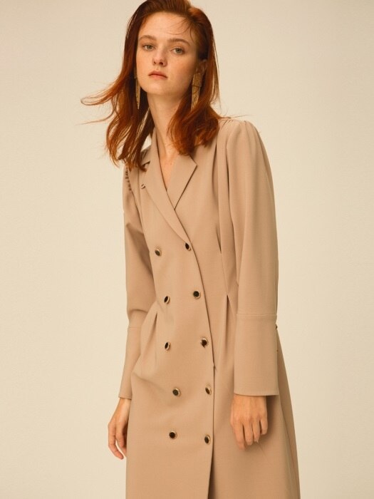Multi-tuck Buttoned Coat Dress, Beige