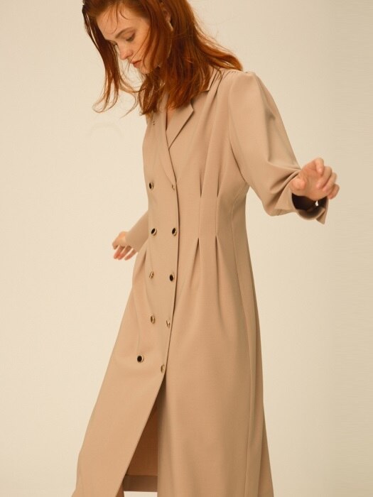 Multi-tuck Buttoned Coat Dress, Beige