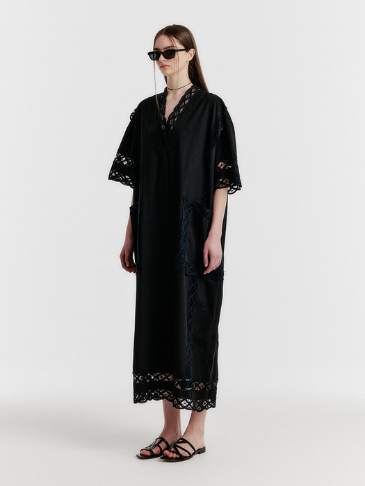 YONA Lace-trim Half-sleeve Dress - Black