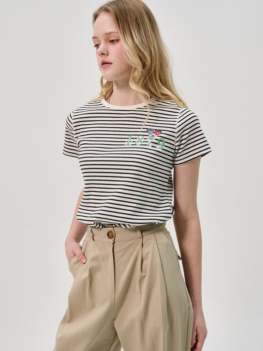 Stripe Ribbed Half-Sleeve T-Shirt_White