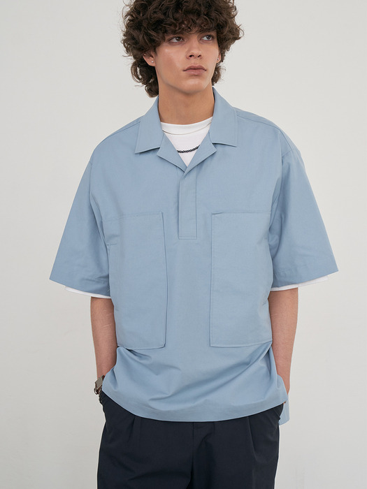 Open Collar Patch Pocket  Half Shirts  (Skyblue)
