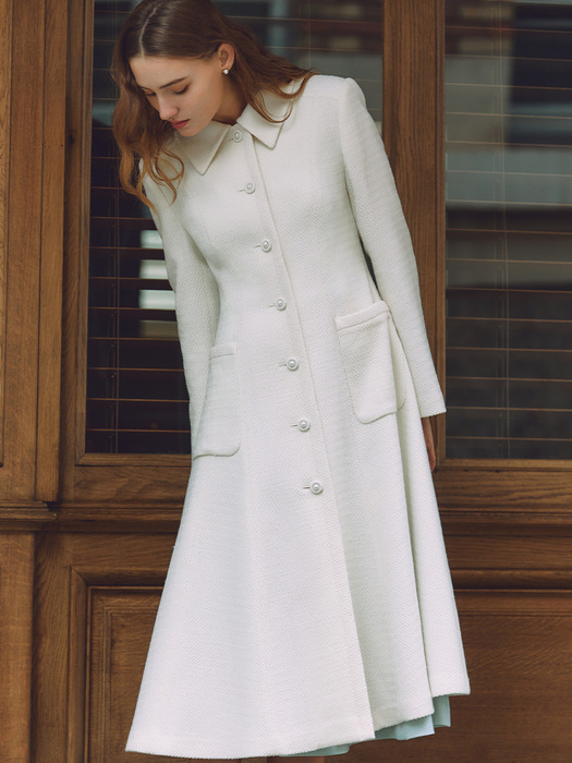 OLIVIA Stand collar A-line tweed coat (Ivory/Black)