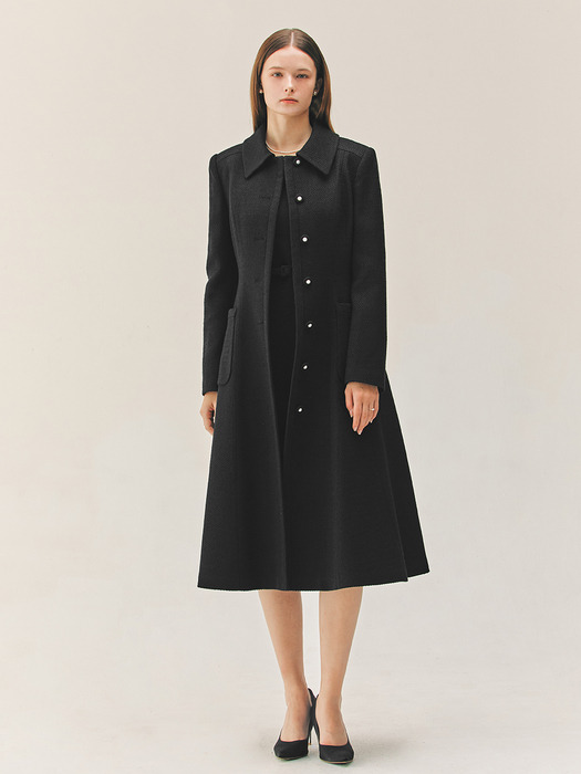 OLIVIA Stand collar A-line tweed coat (Ivory/Black)