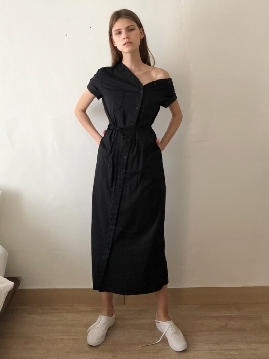 18 SS unbalanced tulip shirt dress (black)