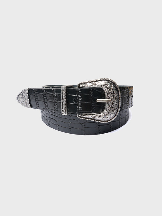 Engraved-Buckle Croc-Effect Leather Belt(UNISEX)_UTA-FM08   
