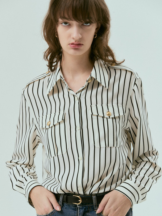 Epaulet stripe silky shirts (IVORY STRIPE)