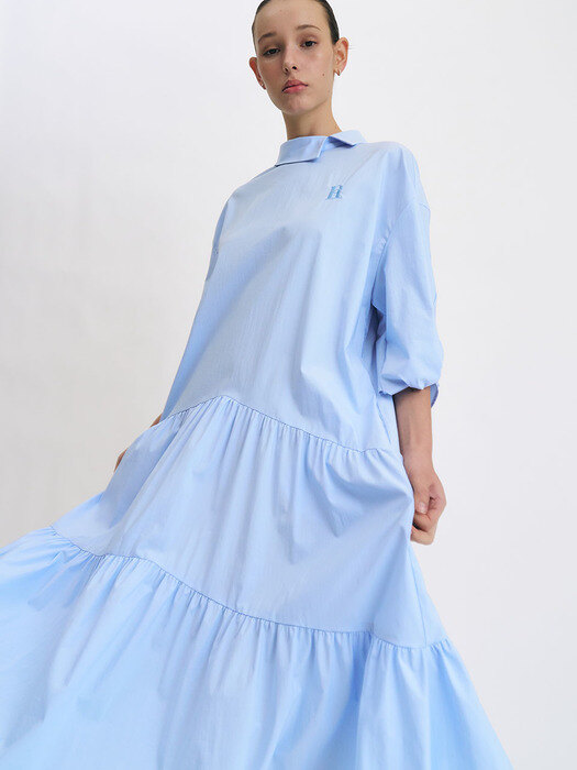Sleeve Twist Long Shirt Dress (Light Blue)