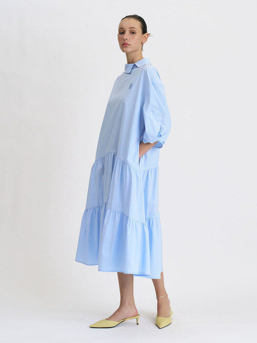 Sleeve Twist Long Shirt Dress (Light Blue)