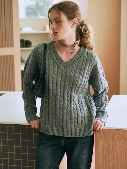 CABLE V-NECK SWEATER_GRAY
