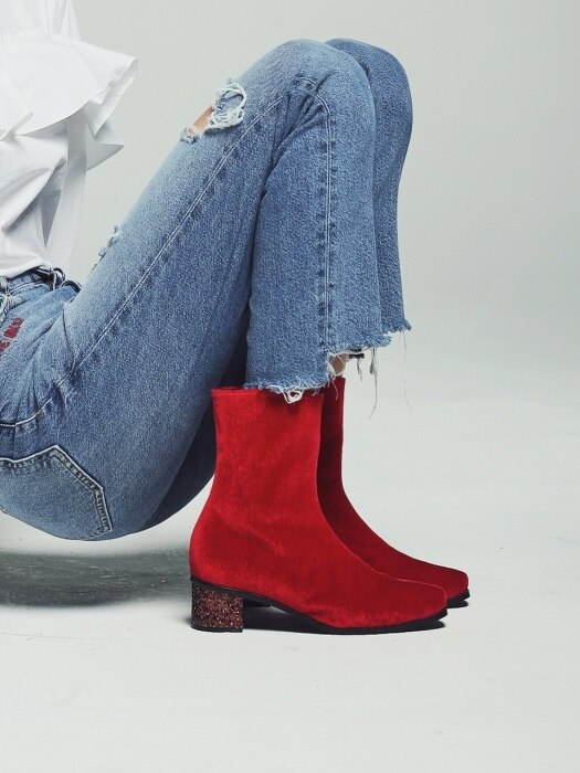 레드 벨벳 앵글부츠 Velvet angle boots Red