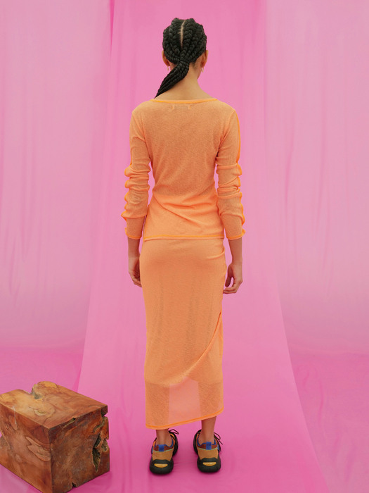 Hanlle Sheer Button Skirt_Sunset Orange