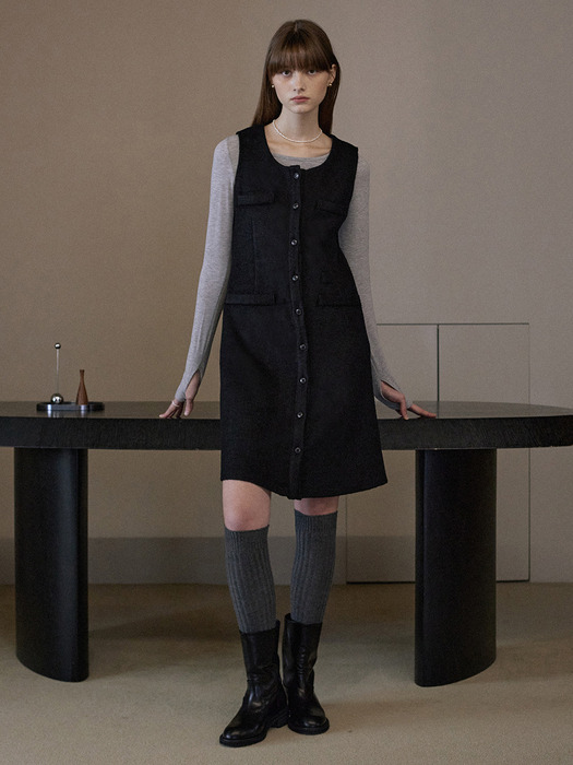 Pocket tweed sleeveless midi dress - black
