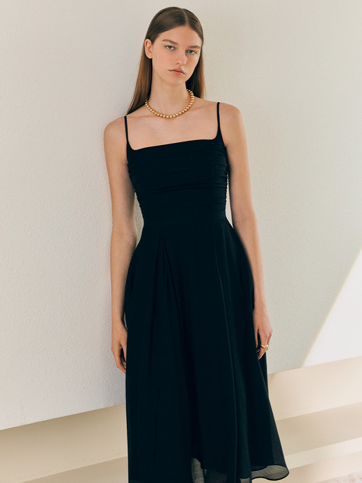 LAINIE Shirring detailed flared long dress (Black)