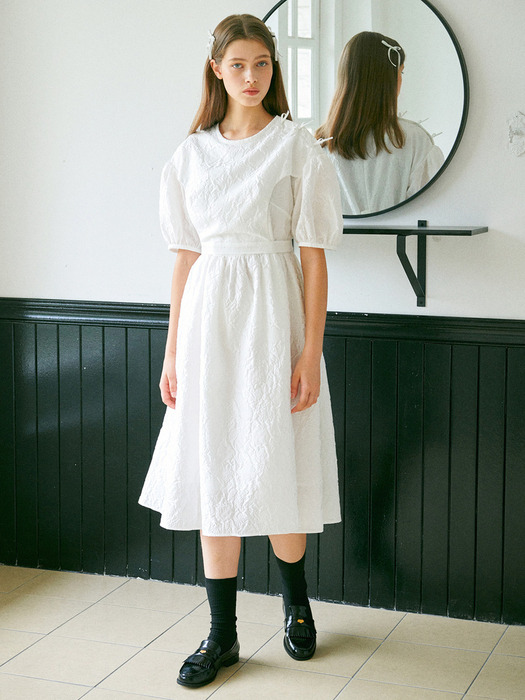 [EJnolee White Flame][주문제작]Floral Rounded White Midi Dress
