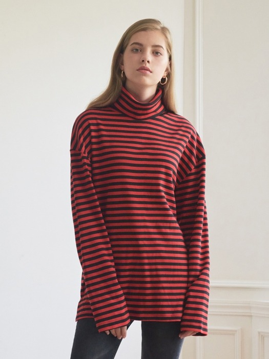 TURTLE NECK STRIPE TEE (RED)