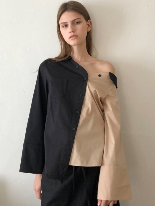 [단독]18 SS unbalanced tulip blouse (beige+black)