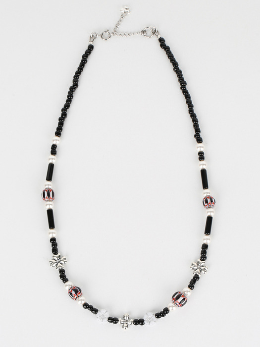 Clover beads necklace (black) (925 silver)
