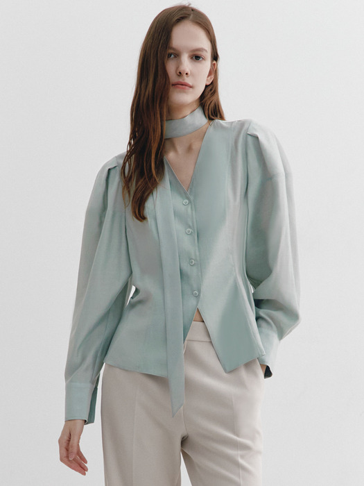 Tie-decorated Puffed sleeve Blouse MINT