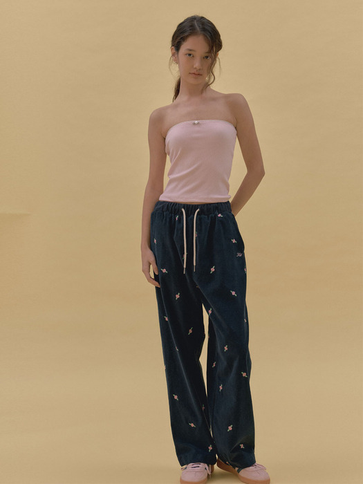Rose Embroided Cotton Banding Pants(navy)