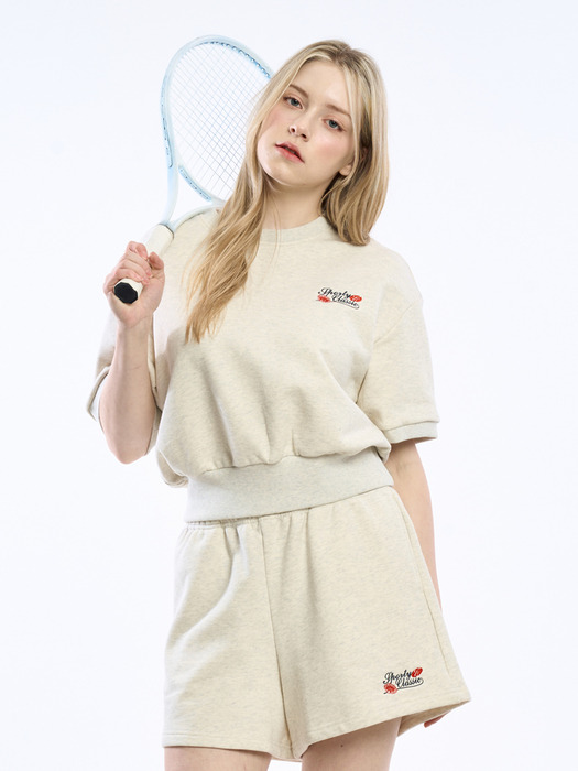 Flower embroidery loose fit sweat t-shirt_Cream