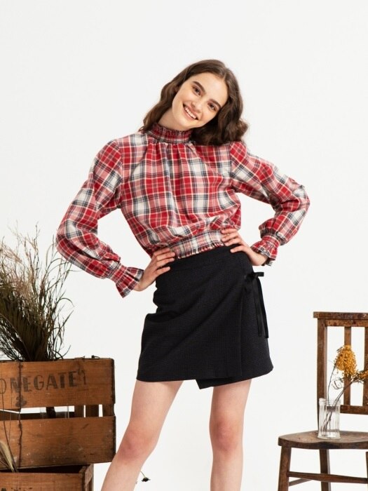 VINTAGE CHECK FRILL BLOUSE [RED]