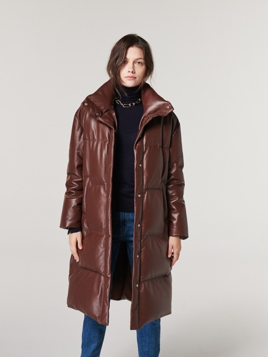 LEATHER DOWN-FILLED LONG JACKET. BROWN