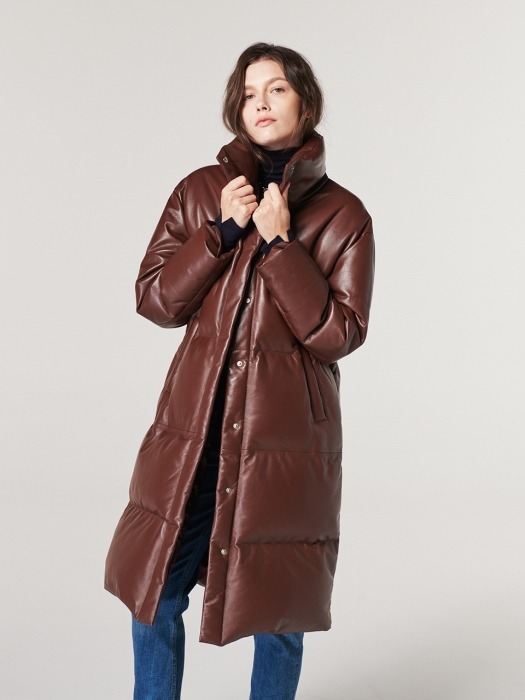 LEATHER DOWN-FILLED LONG JACKET. BROWN