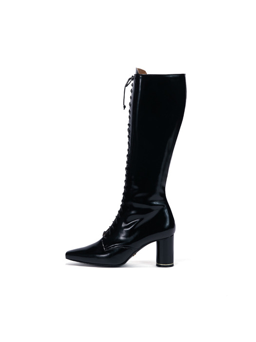 Glossy Lace-Up Long Boots_Black