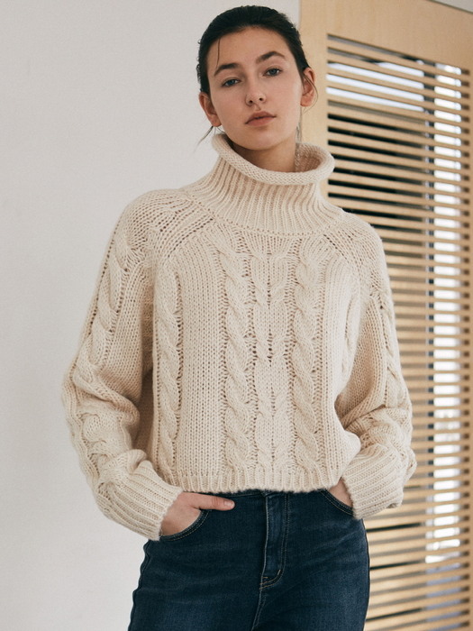 MIXED CABLE TURTLENECK KNIT_GRAY