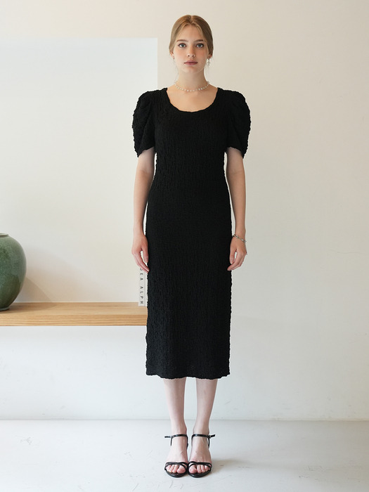 MARl puff-sleeve h-line midi dress(BLACK)