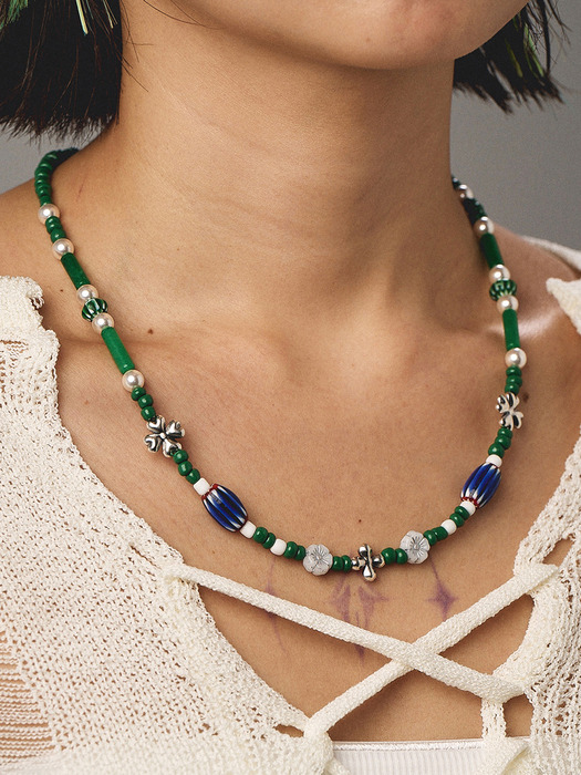 Clover beads necklace (green) (925 silver)