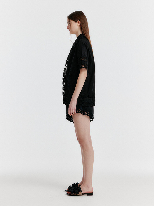 YOMITA Short Sleeve Lace-trim Shirt - Black