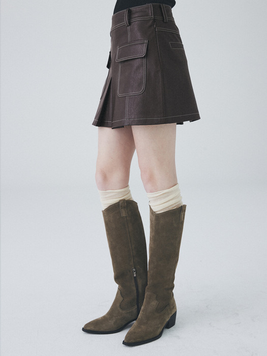 Vegan Leather Stitch Mini Skirt [Brown]