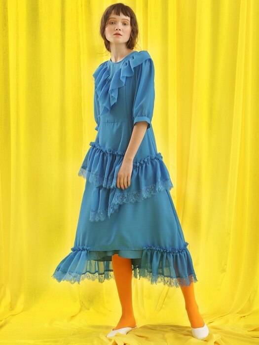 Ruffle lace unbalance dress (blue)