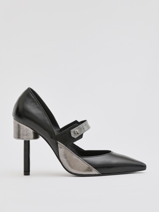 PICCASO 100 MARY JANE HEEL IN DARK SILVER AND BLACK LEATHER