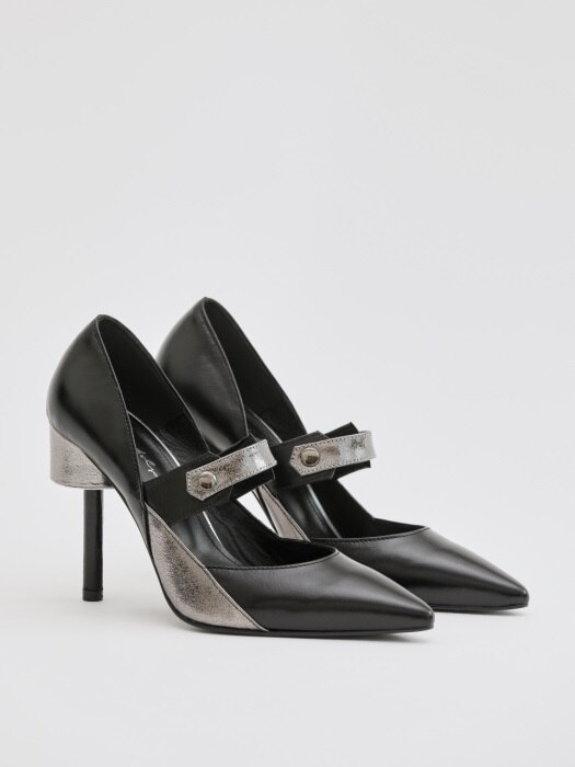 PICCASO 100 MARY JANE HEEL IN DARK SILVER AND BLACK LEATHER