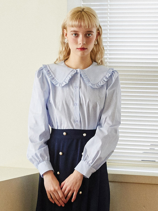 SKY STRIPED FRILL COLLAR BLOUSE