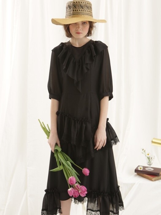 Ruffle lace unbalance dress (black)