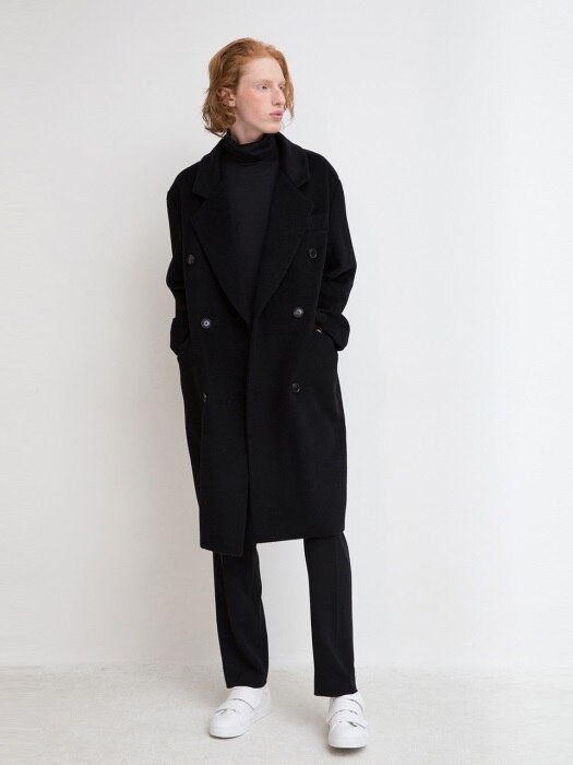 Oversized Double-Breasted Coat - Black	