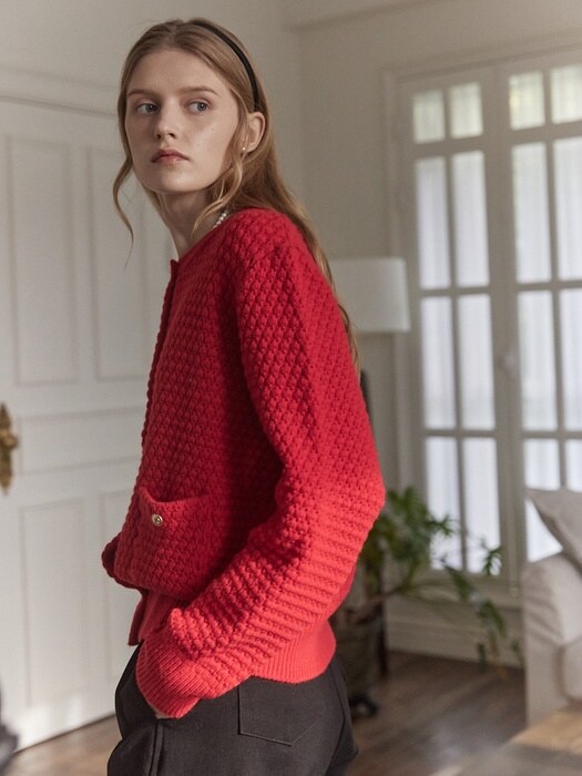 Tweed Goldish Knit Cardigan - Red
