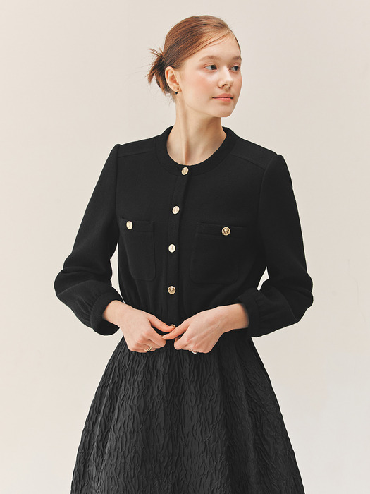 [SET]MATILDA Wool crepe bomber jacket + DIVYA Semi A-line wool crepe mini skirt (Black)
