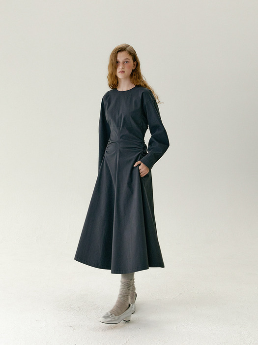 MOSS dolman sleeve side shirring long dress_Charcoal Grey