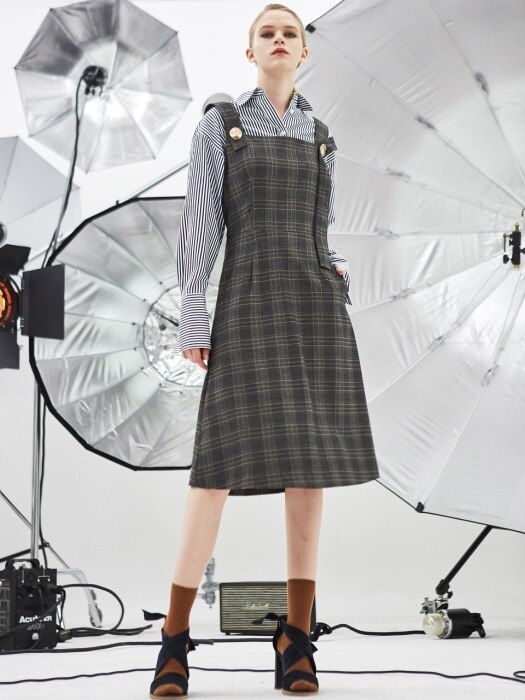 CHECK PATTERN BUTTON DRESS_WARM GREY