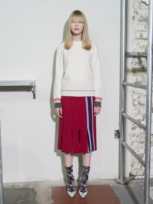 Vertical Stripes Intarsia Knit Skirt_RED
