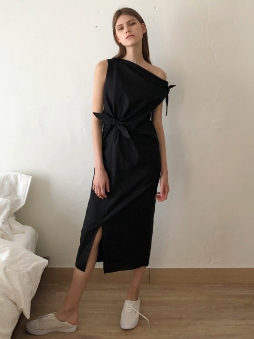 18 SS ribbon linen long dress (black)