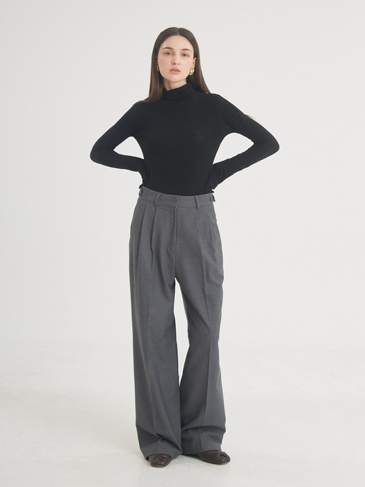 Two-Tuck Button Wide Wool Pants (Charcoal)
