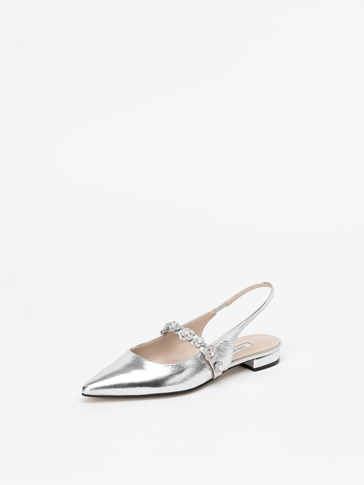 PHOENIX EMBELLISHED FLAT SLINGBACKS in SILVER TEXTURED PATENT
