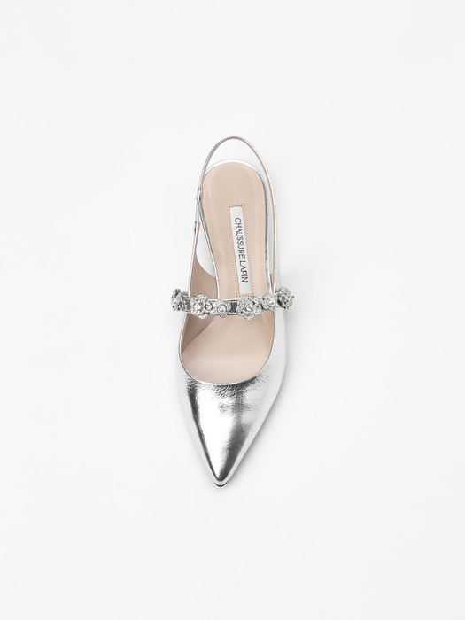 PHOENIX EMBELLISHED FLAT SLINGBACKS in SILVER TEXTURED PATENT